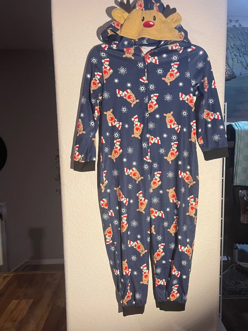 Kids Navy Reindeer Hooded One-Piece Pajamas Sz 7T New NO Tags
